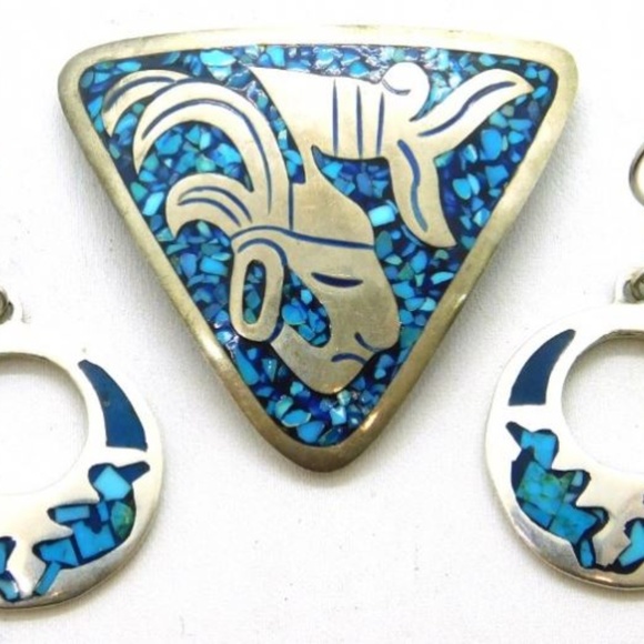 Taxco 925 Turquoise Brooch Pendant & Earrings VTG